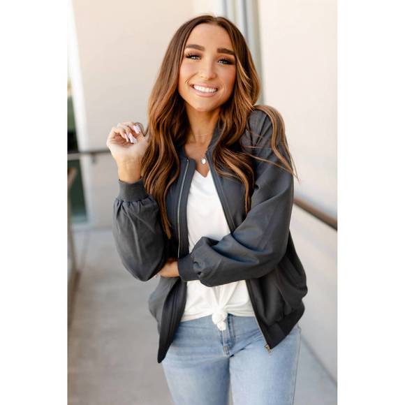 NEW AMPERSAND AVE essential bomber jacket in charcoal - Picture 1 of 4